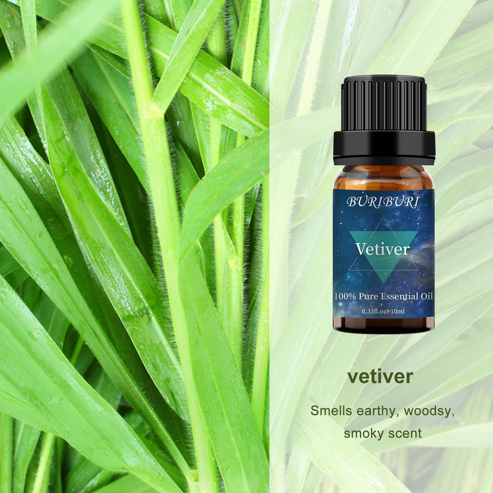 Close-up of BURIBURI Vetiver oil bottle with diffuser setup for earthy aroma.