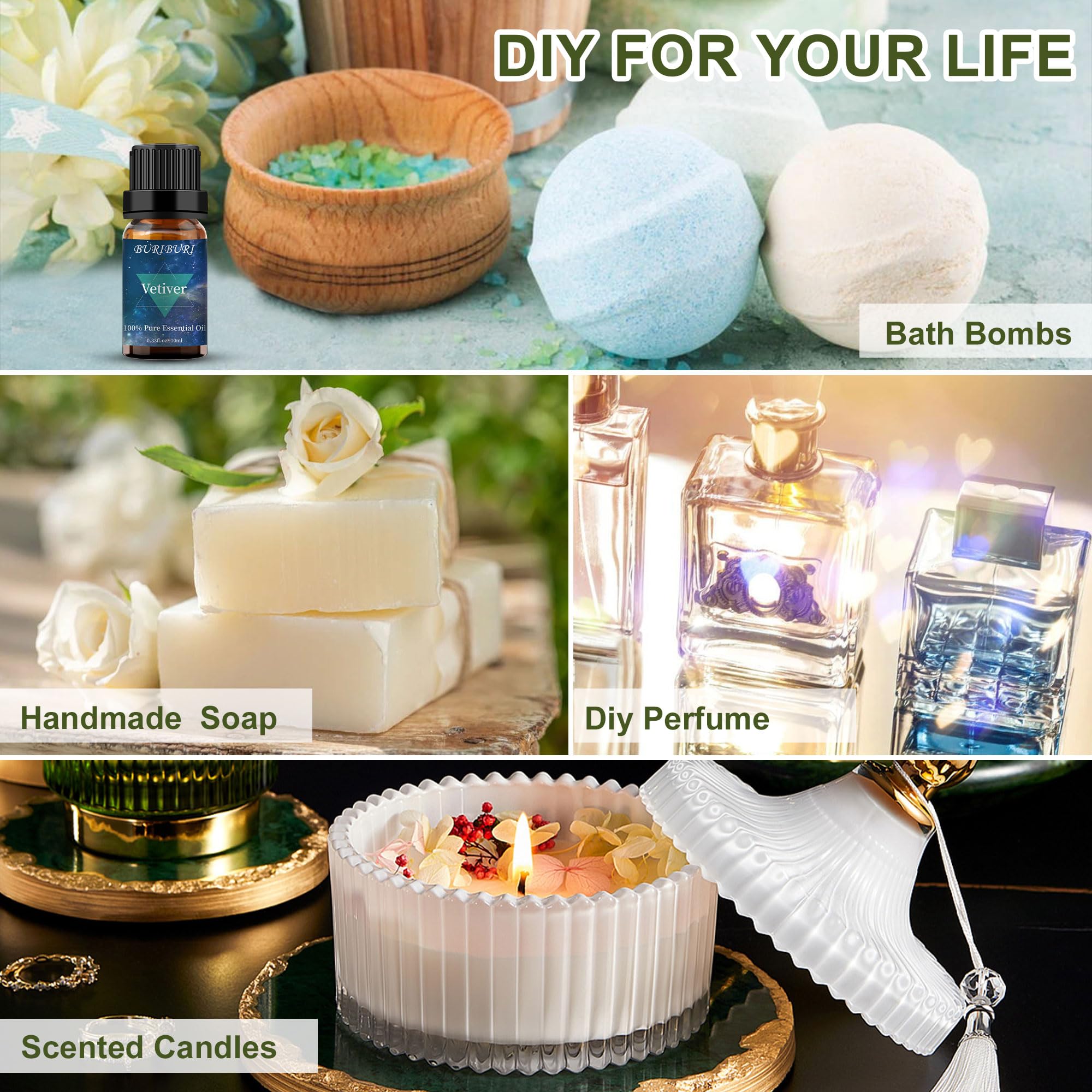 BURIBURI Vetiver oil bottle on shelf for premium aromatherapy use.