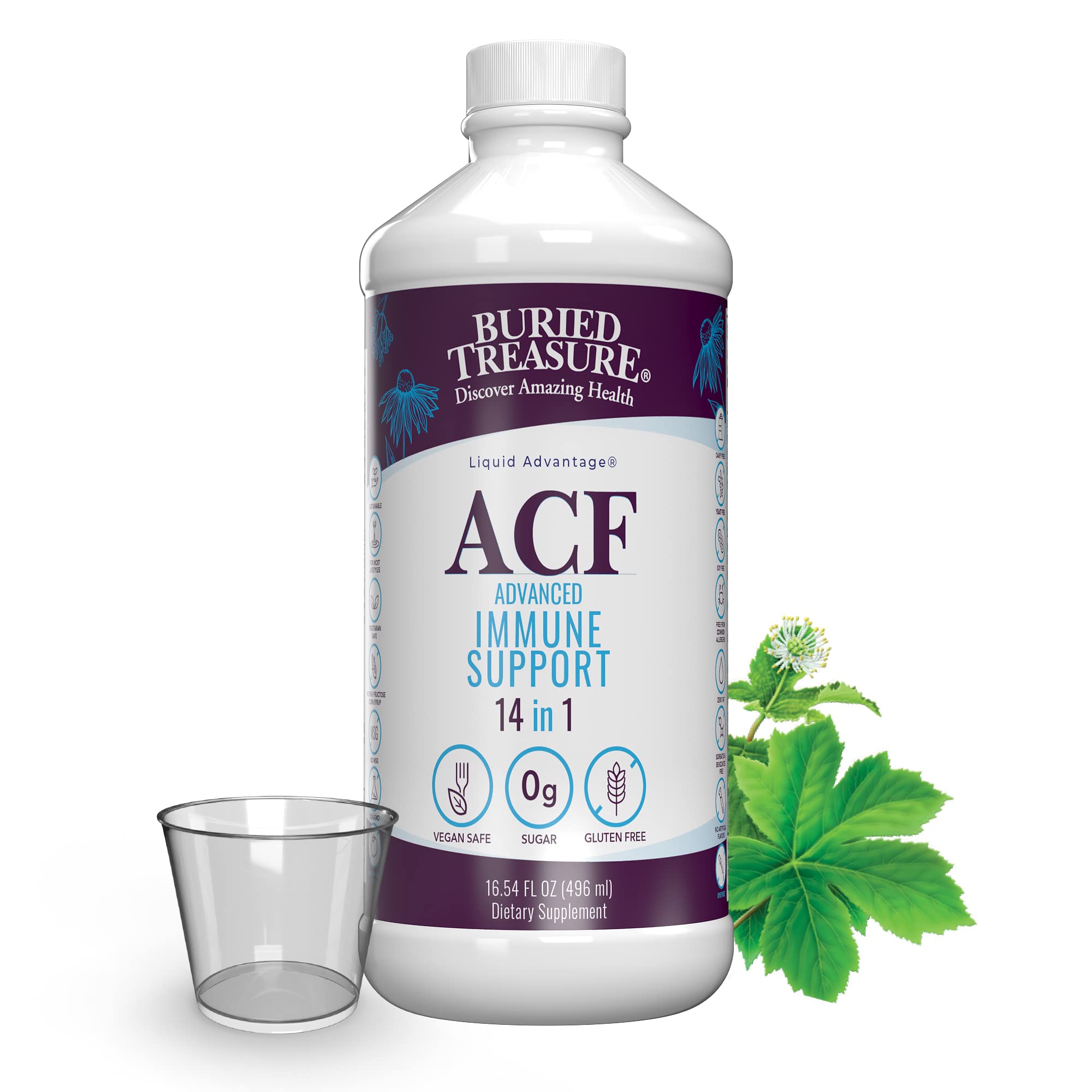 Buried Treasure ACF bottle being poured for daily immune support.