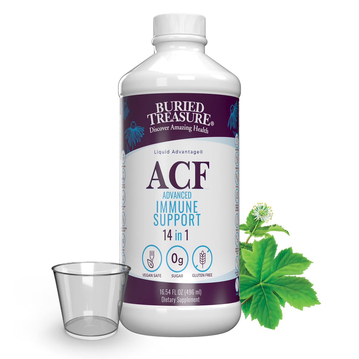 Buried Treasure ACF bottle being poured for daily immune support.