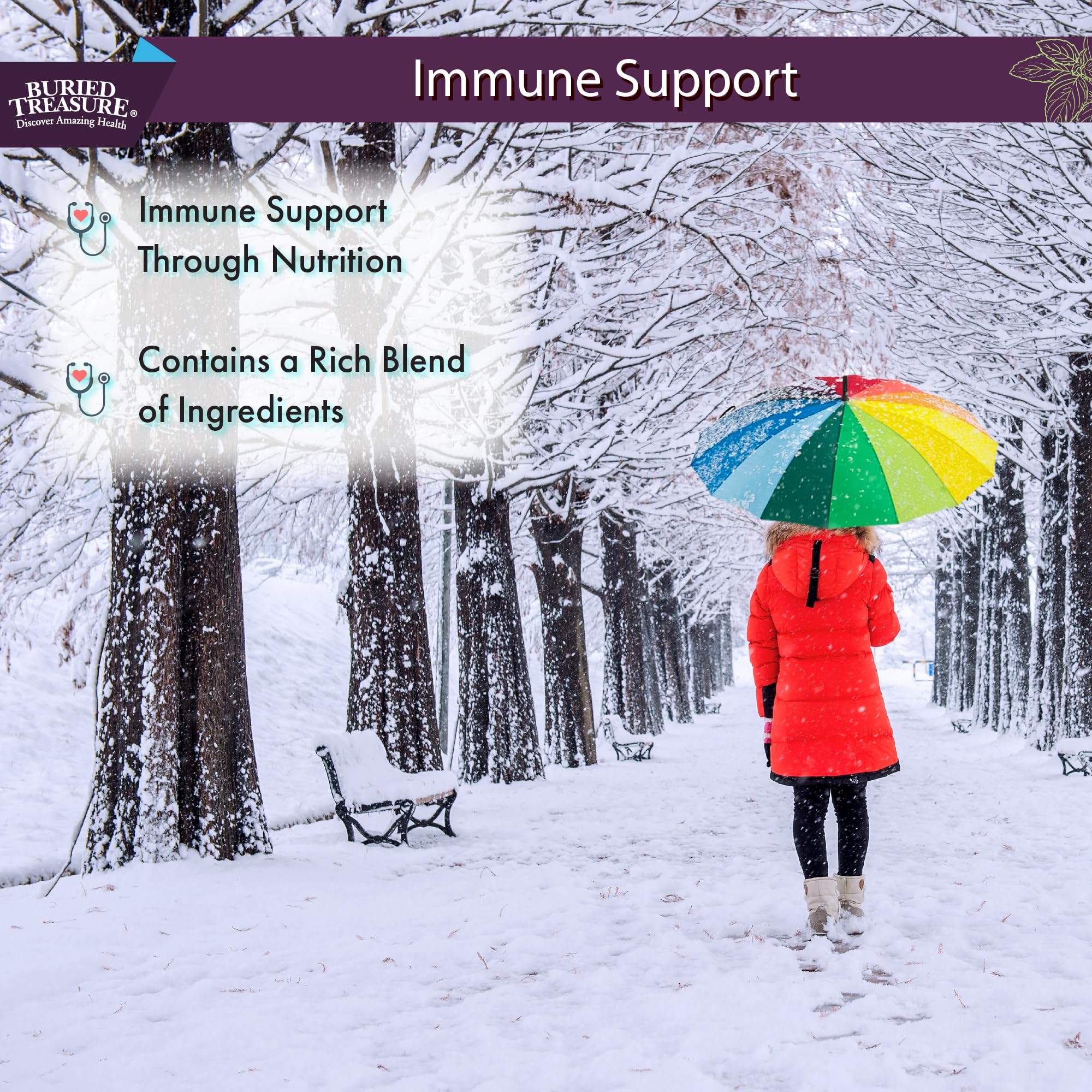Ingredient panel featuring elderberry, vitamin C, and zinc for immune support.