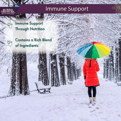 Ingredient panel featuring elderberry, vitamin C, and zinc for immune support.