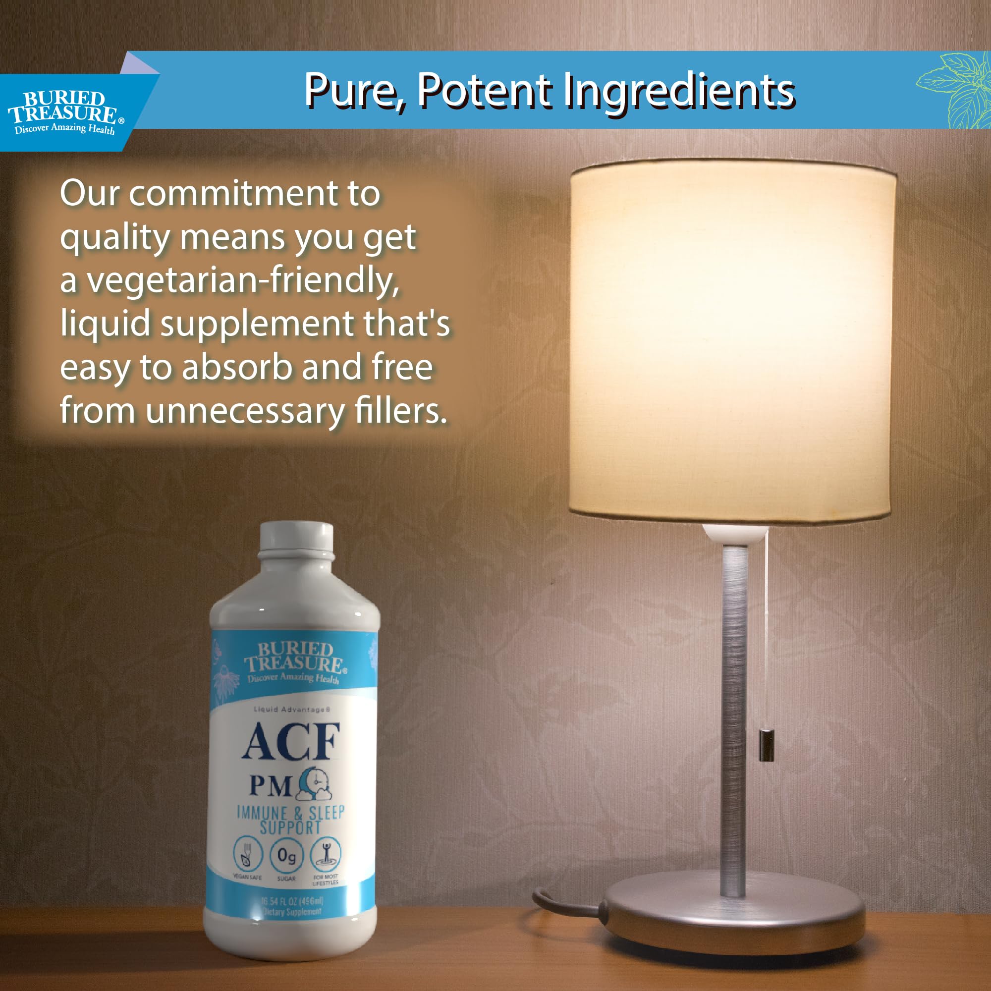 Buried Treasure ACF PM night-time wellness ritual bottle scene.