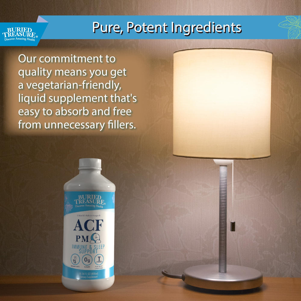 Buried Treasure ACF PM night-time wellness ritual bottle scene.