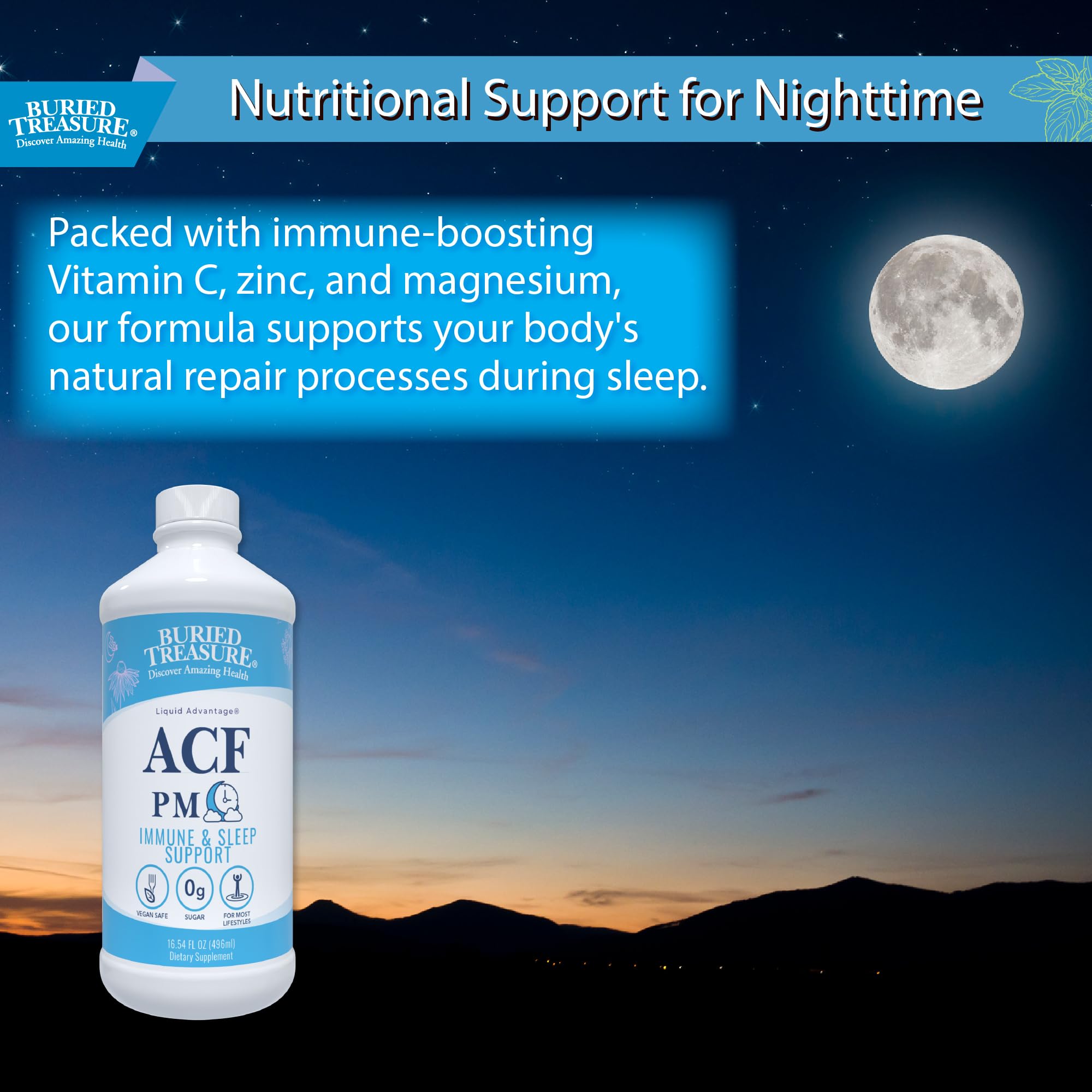 Buried Treasure ACF PM vitamin C and echinacea support daily immune cues.