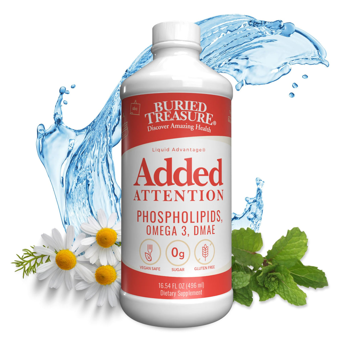 Buried Treasure Added Attention bottle front view, kid-friendly supplement for focus.
