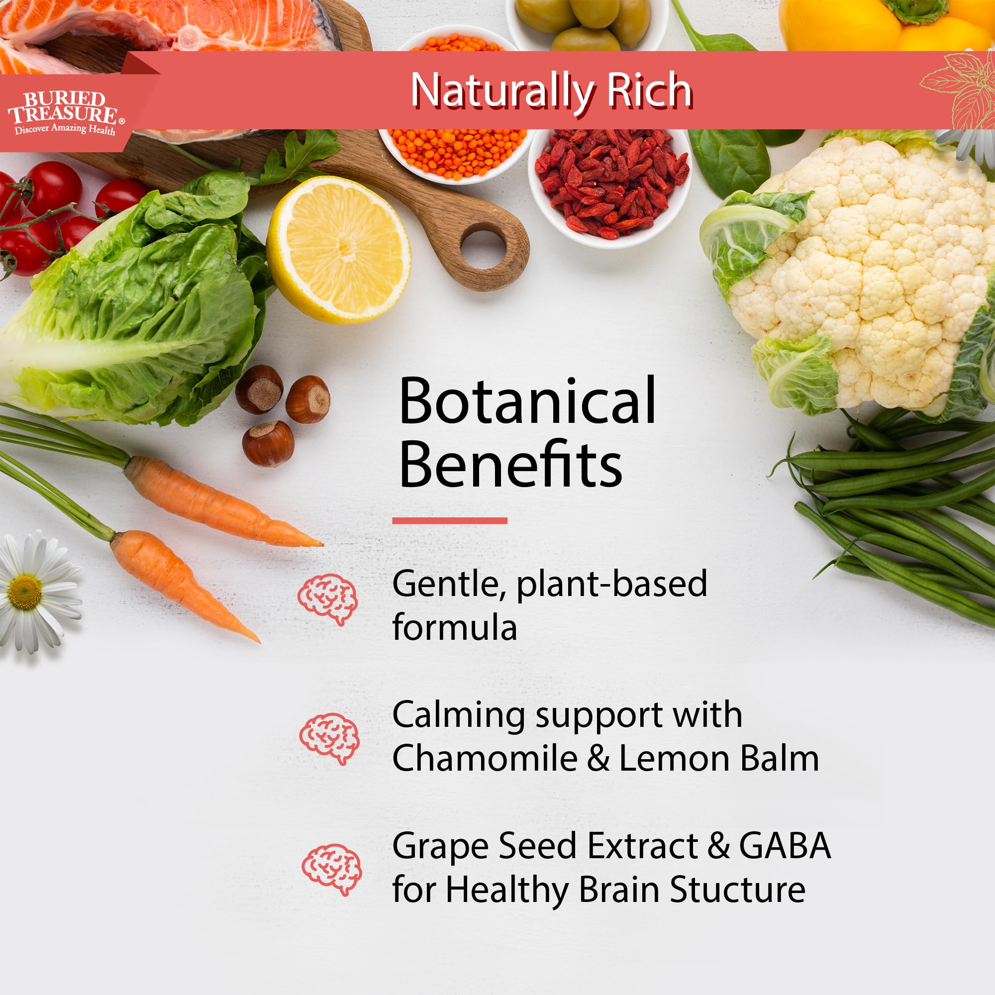 Buried Treasure Added Attention lemon balm and chamomile visuals suggest calming study-friendly benefits.