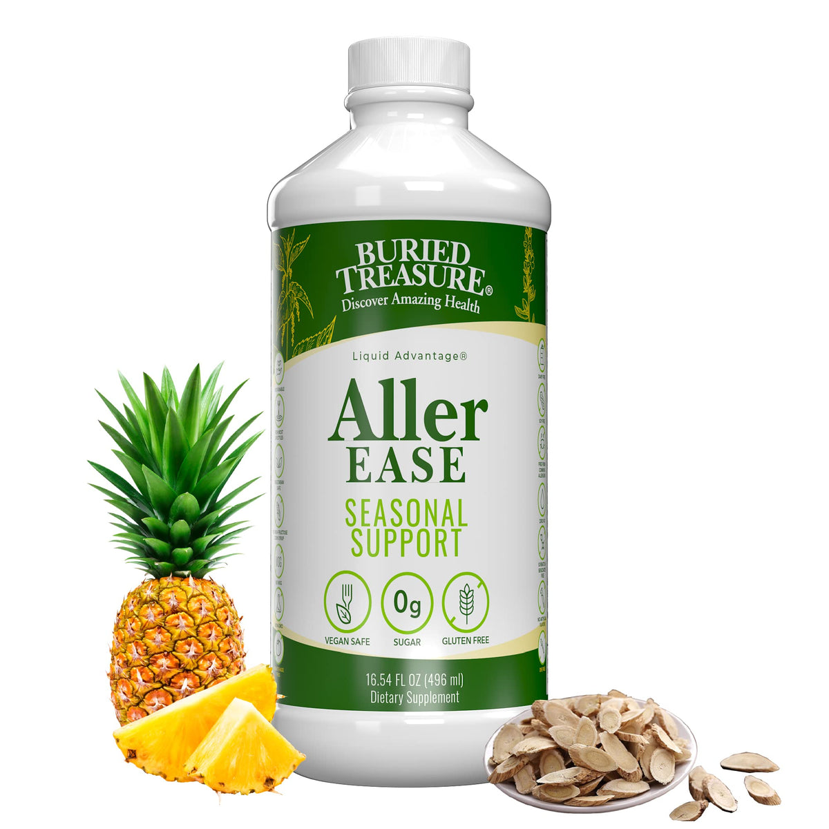 Buried Treasure Aller Ease bottle label highlights quercetin and bromelain for respiratory support.