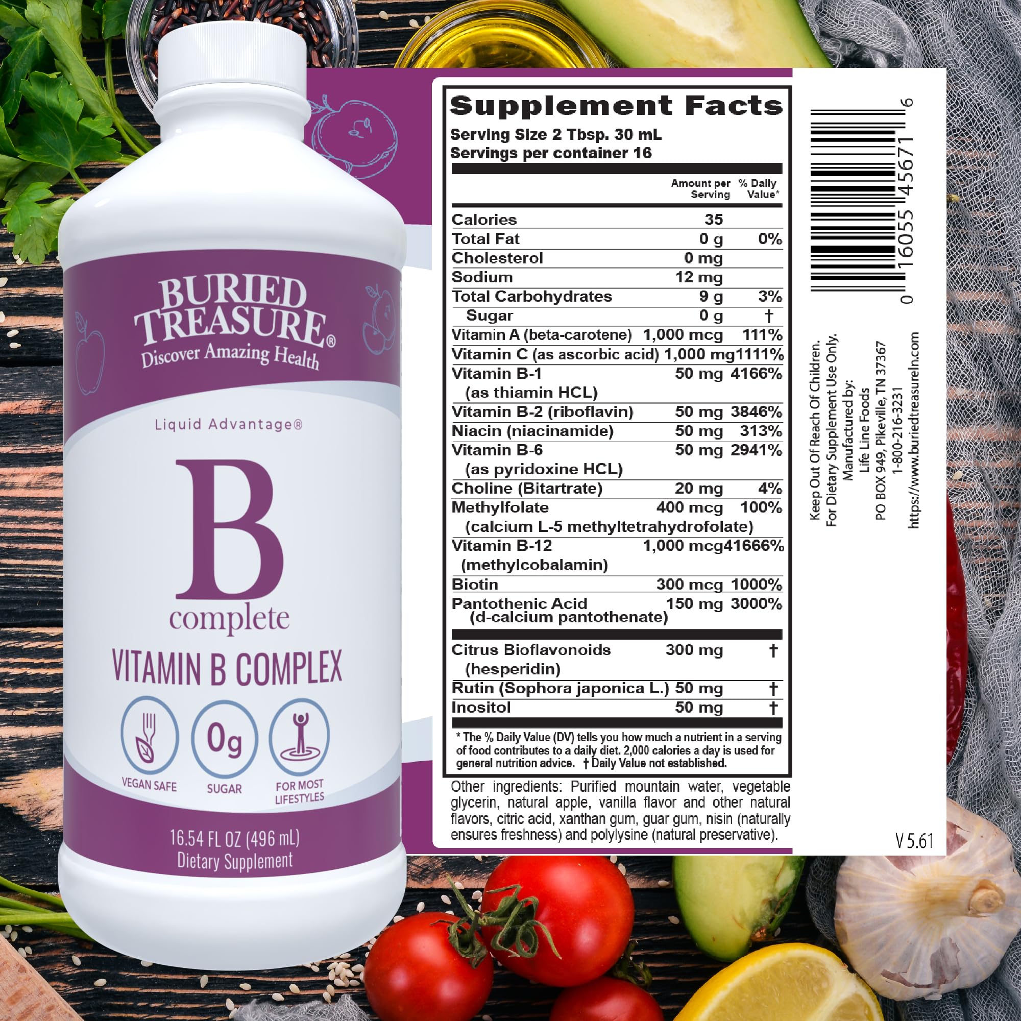 Buried Treasure B Complete label closeup highlights methylated B12 and B9 in use