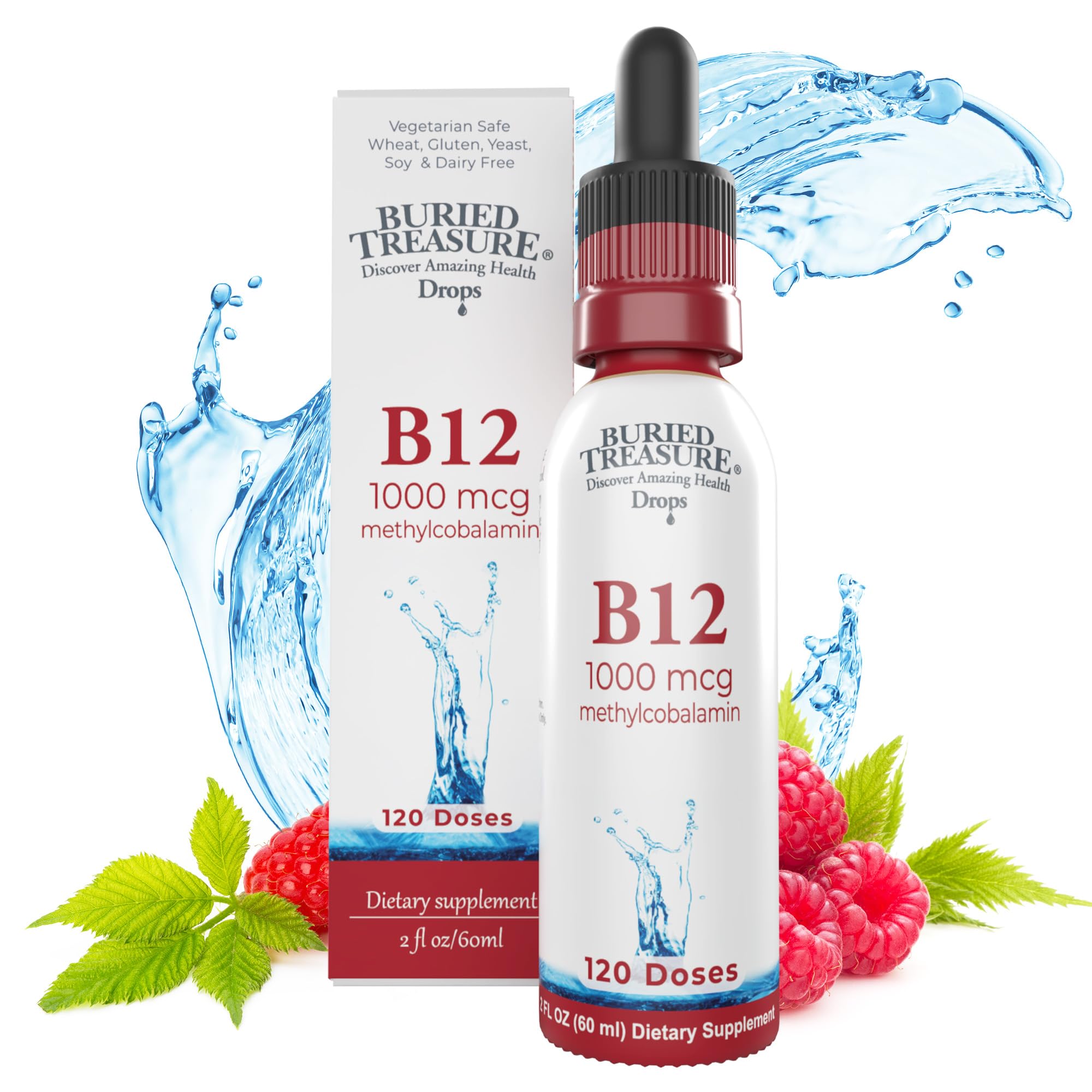Buried Treasure B12 Drops bottle front view, signaling daily energy support.