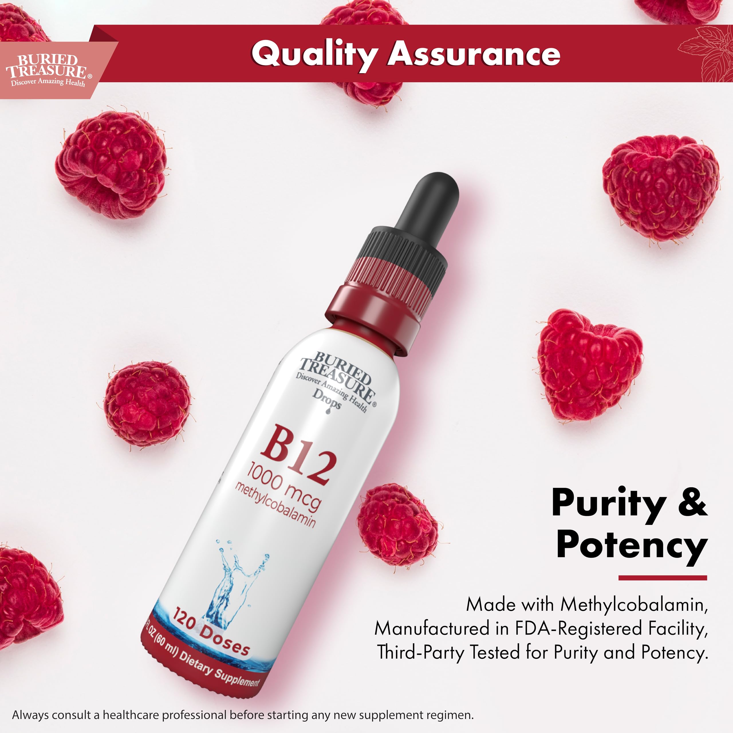 Buried Treasure B12 Drops vegan gluten-free icon on label.