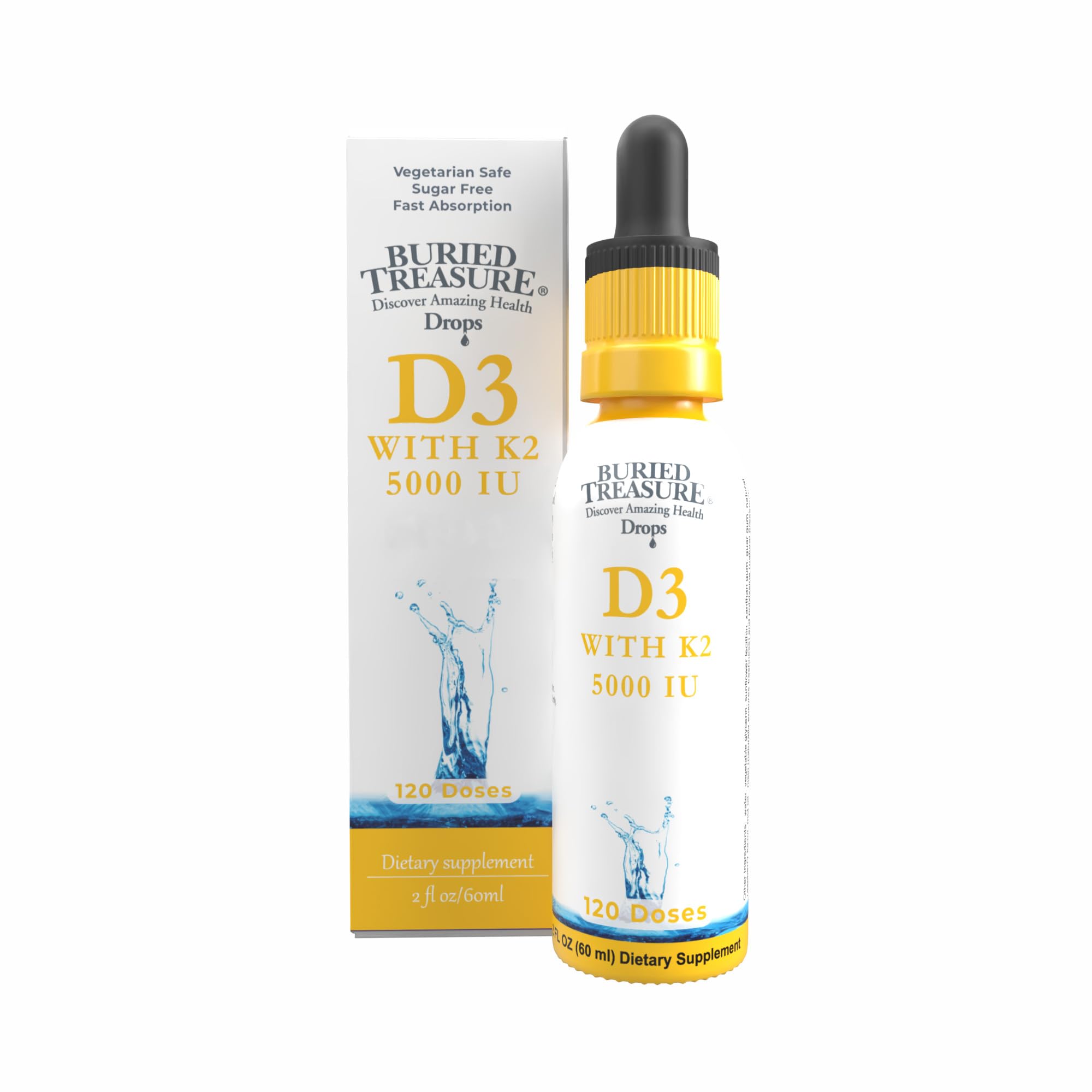Buried Treasure D3 K2 drops bottle on shelf highlighting bone support.