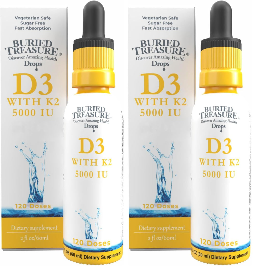 Buried Treasure D3K2 drops bottle showing sugar-free formula for daily wellness