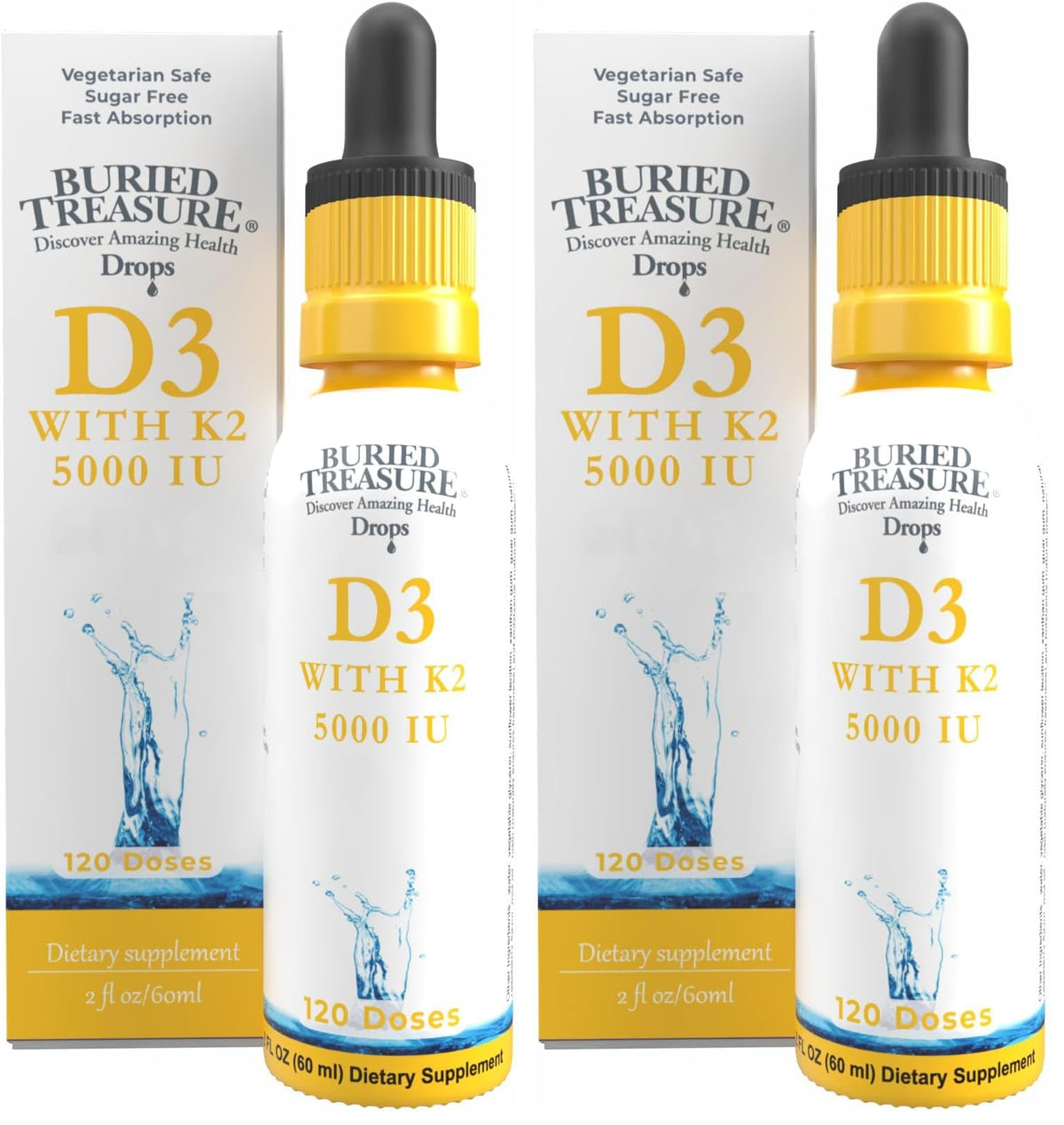 Buried Treasure D3K2 drops bottle showing sugar-free formula for daily wellness