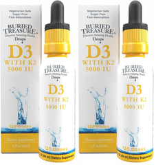 Buried Treasure D3K2 drops bottle showing sugar-free formula for daily wellness