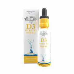 Buried Treasure D3 K2 drops bottle on shelf highlighting bone support.