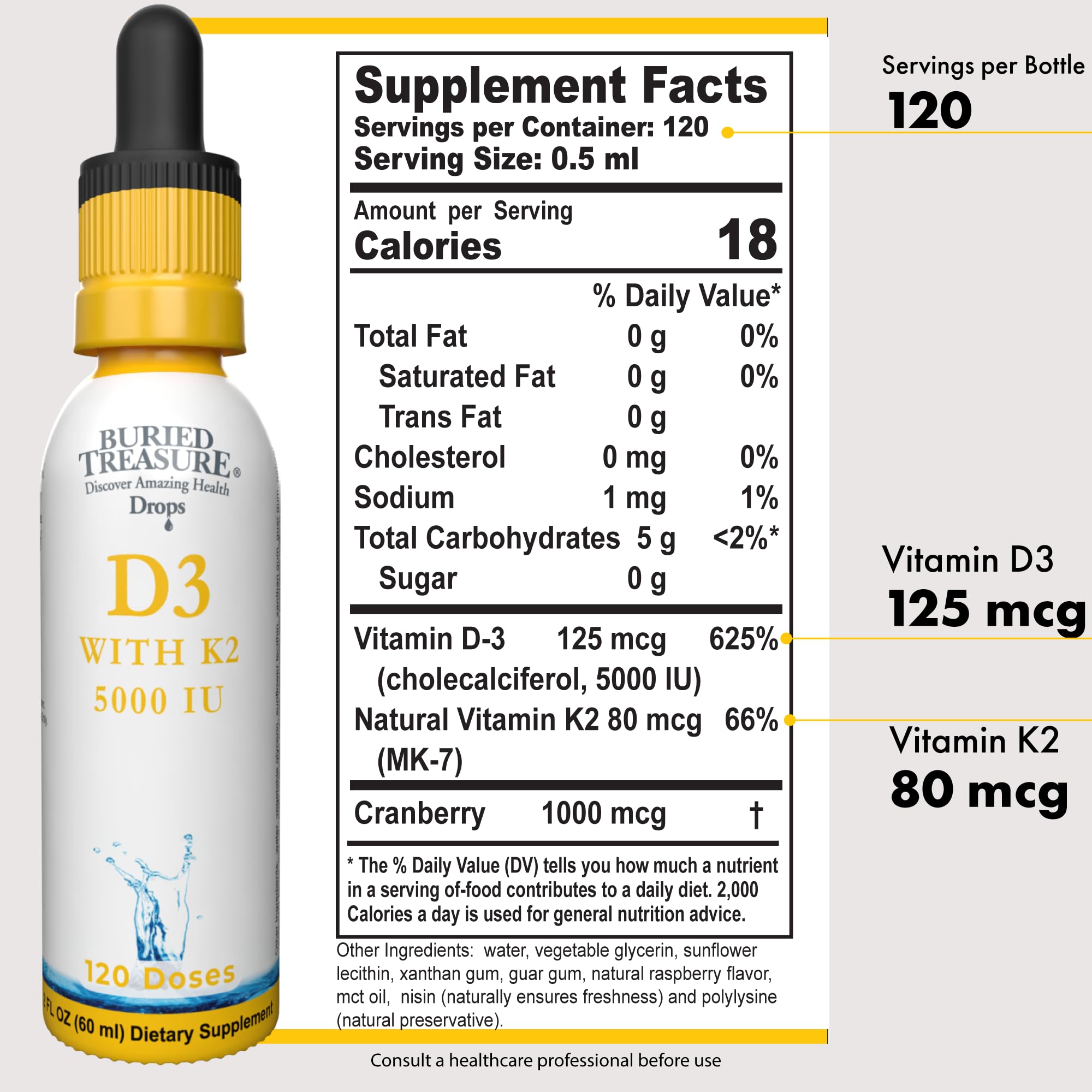 Buried Treasure D3 K2 drops being poured shows quick absorption and easy use.