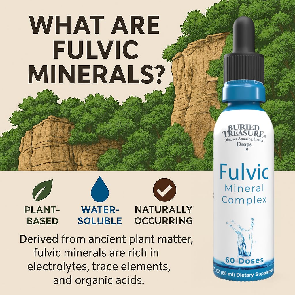 Buried Treasure Fulvic Mineral Drops label highlights vegan and non-GMO features