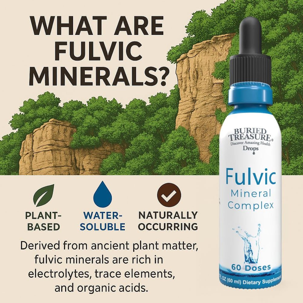 Buried Treasure Fulvic Mineral Drops label highlights vegan and non-GMO features