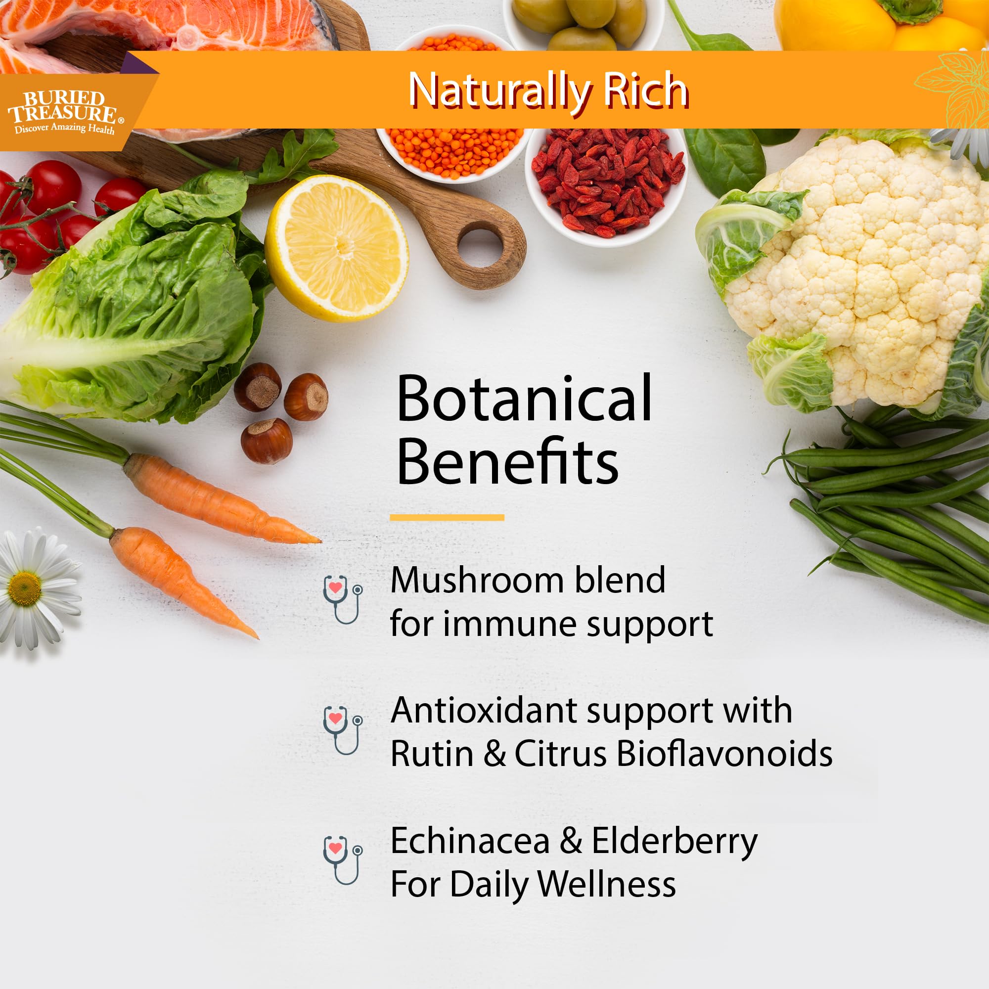 Buried Treasure Immune Wellness bottle ingredients closeup showcases elderberry and vitamin C benefits.