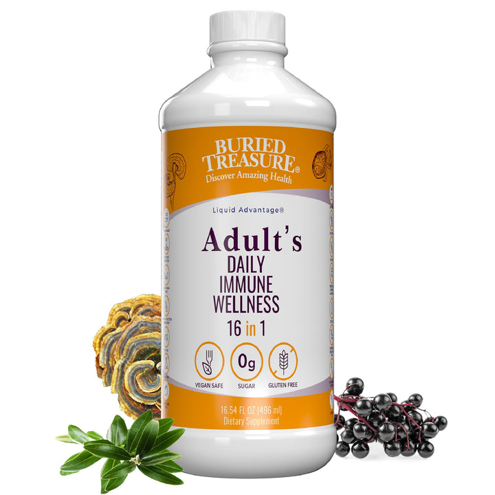 Buried Treasure Immune Wellness bottle shows a daily liquid supplement for immune support.