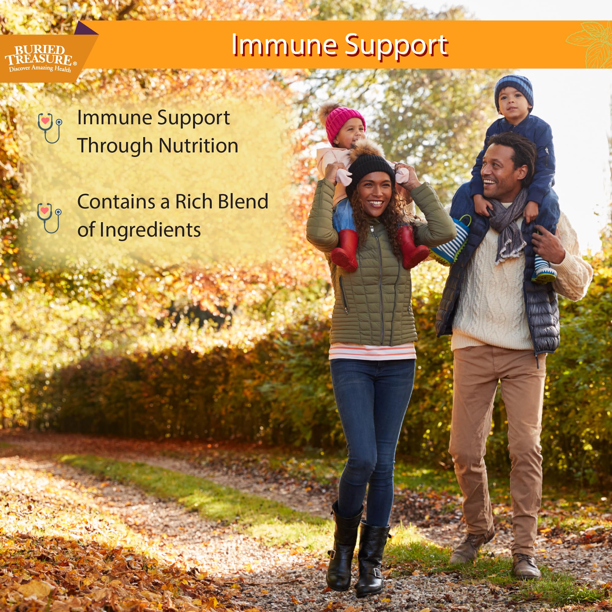 Buried Treasure Immune Wellness label highlights elderberry and zinc for immune-friendly ingredients.