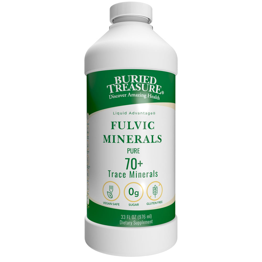 Buried Treasure Liquid Advantage Fulvic Minerals bottle with label visible for daily mineral intake