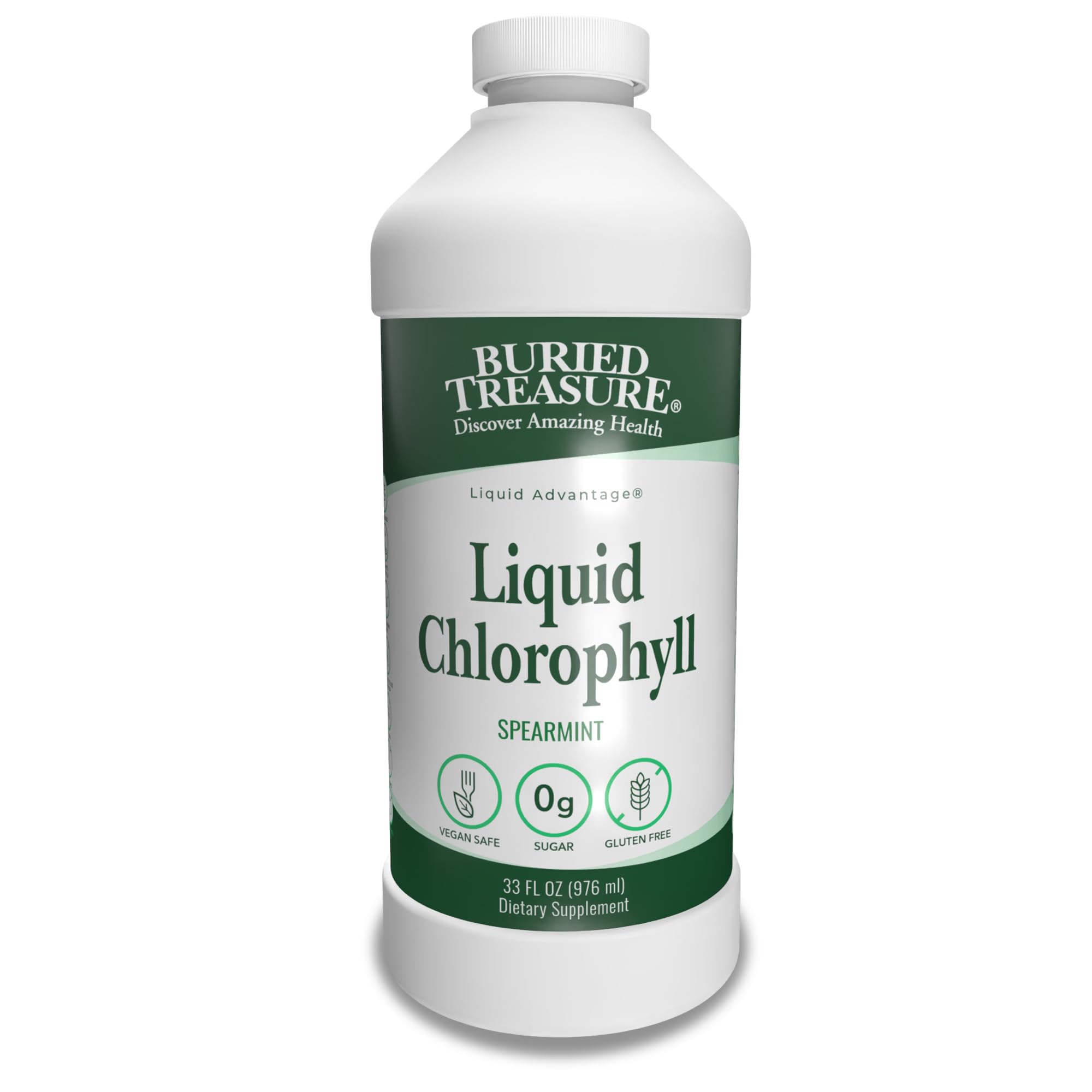 Buried Treasure Liquid Chlorophyll bottle front view for digestive balance with minty flavor