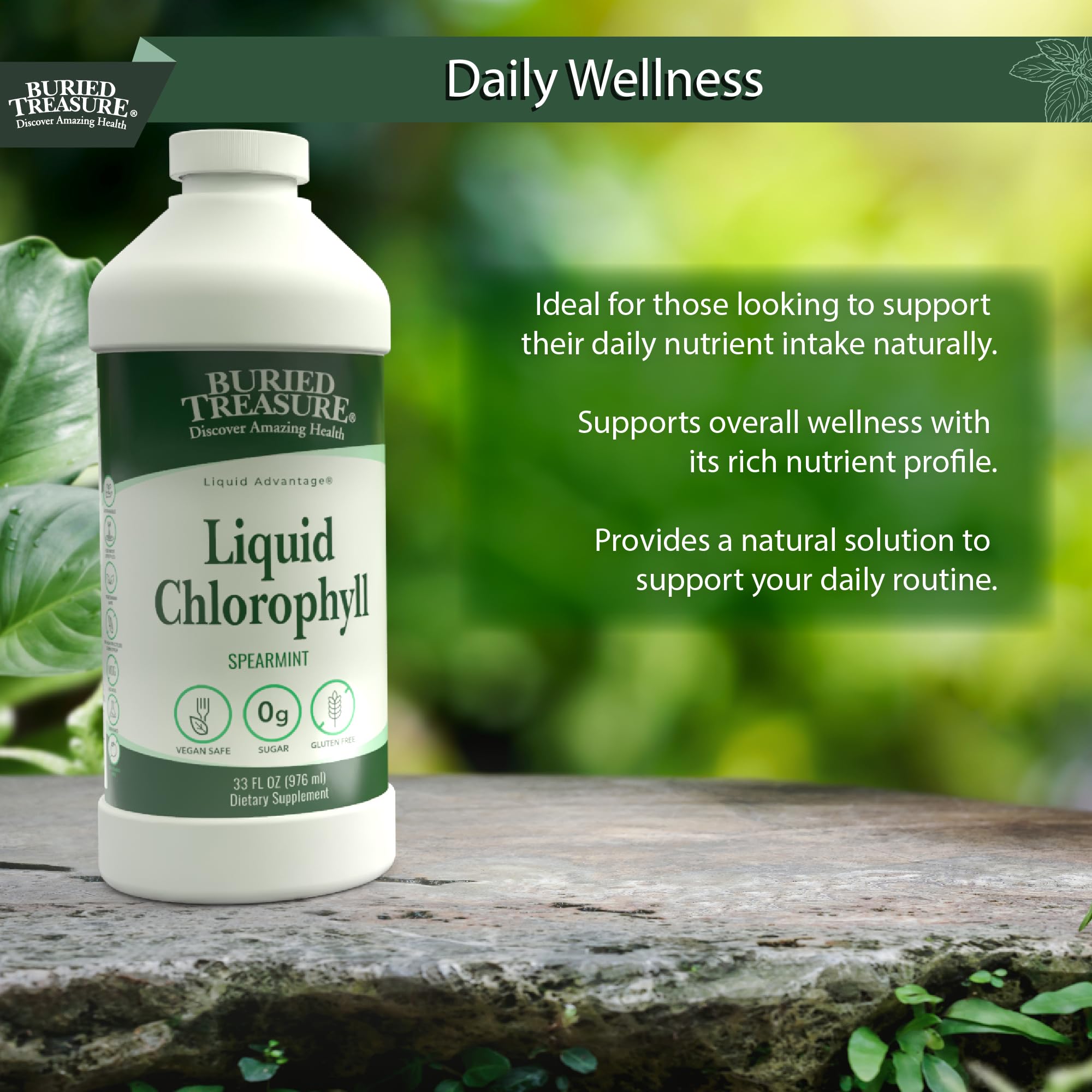 Buried Treasure Liquid Chlorophyll ingredients panel highlights chlorophyllin and copper for vitality
