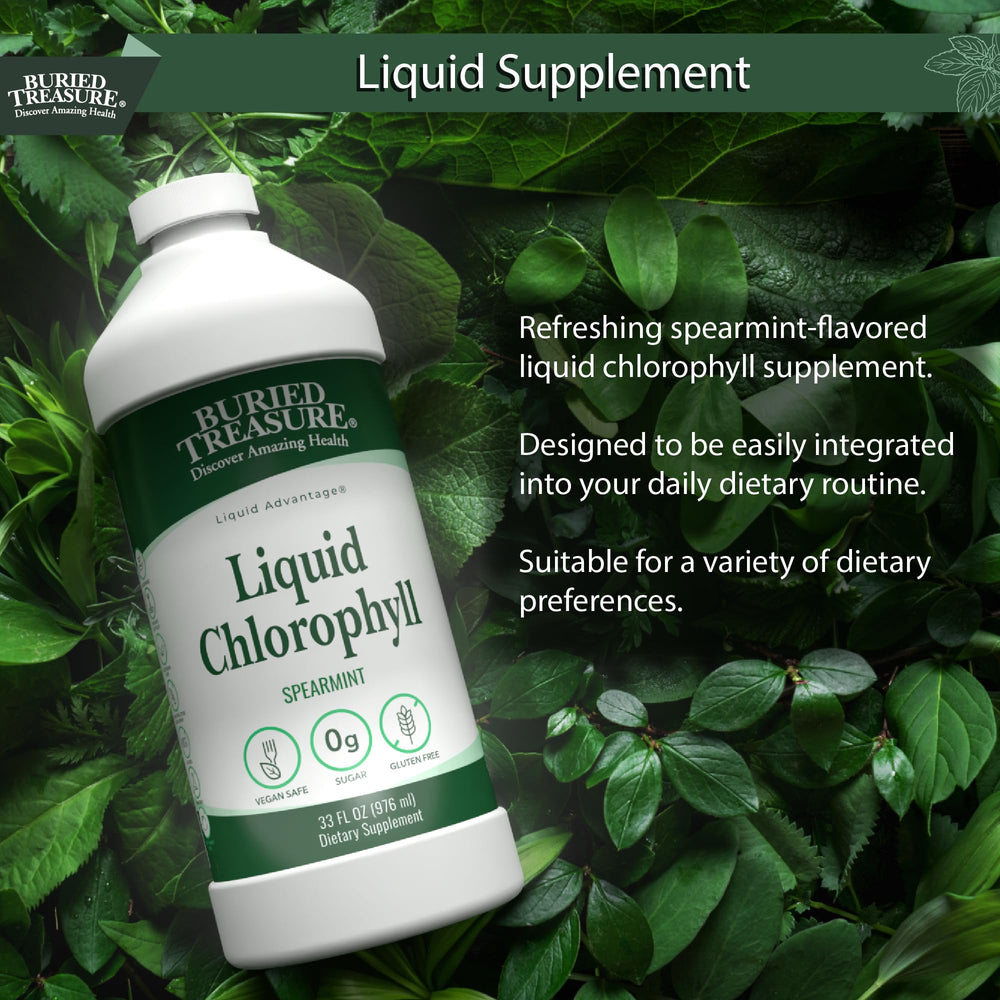 Buried Treasure Liquid Chlorophyll label closeup highlighting vegan and non-GMO claims