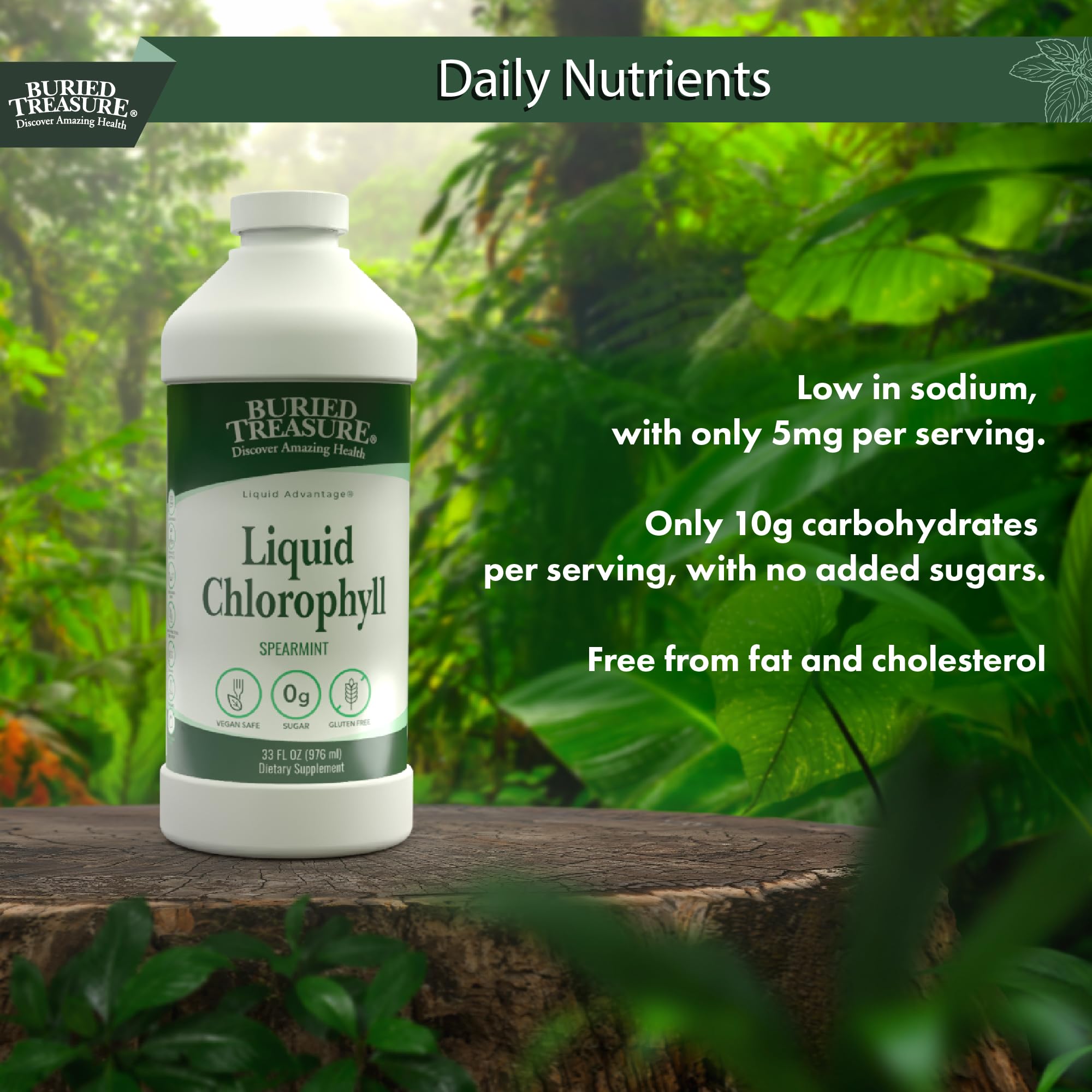 Buried Treasure Liquid Chlorophyll spearmint bottle with glass conveys refreshing aroma