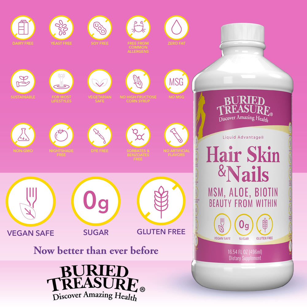 Buried Treasure MSM Biotin Aloe Vera ingredients label highlights key actives for hair, skin, nails
