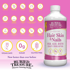 Buried Treasure MSM Biotin Aloe Vera ingredients label highlights key actives for hair, skin, nails