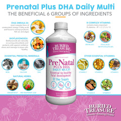 Buried Treasure Prenatal Plus DHA bottle beside glass for daily use