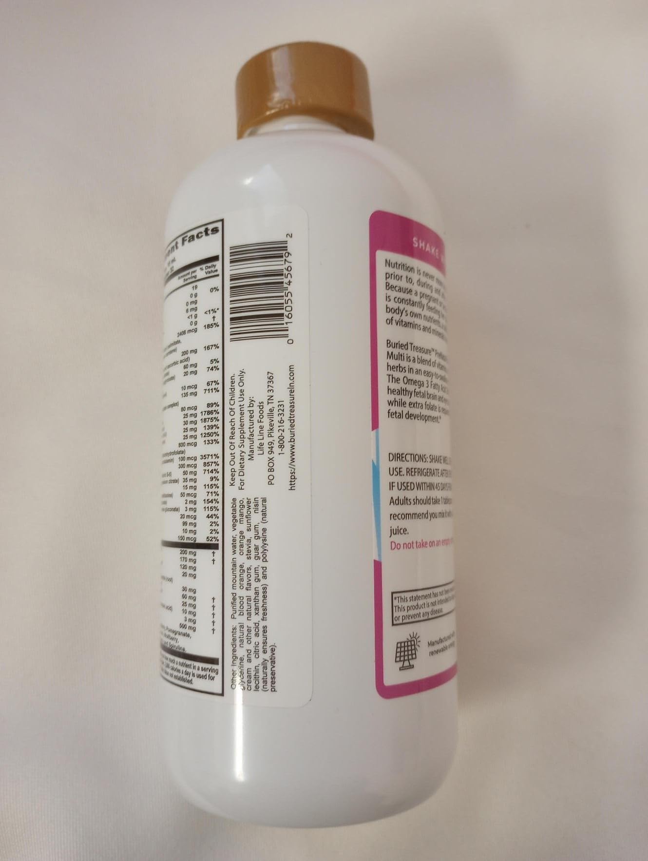Buried Treasure Prenatal Plus DHA ingredients panel showing folic acid and iron
