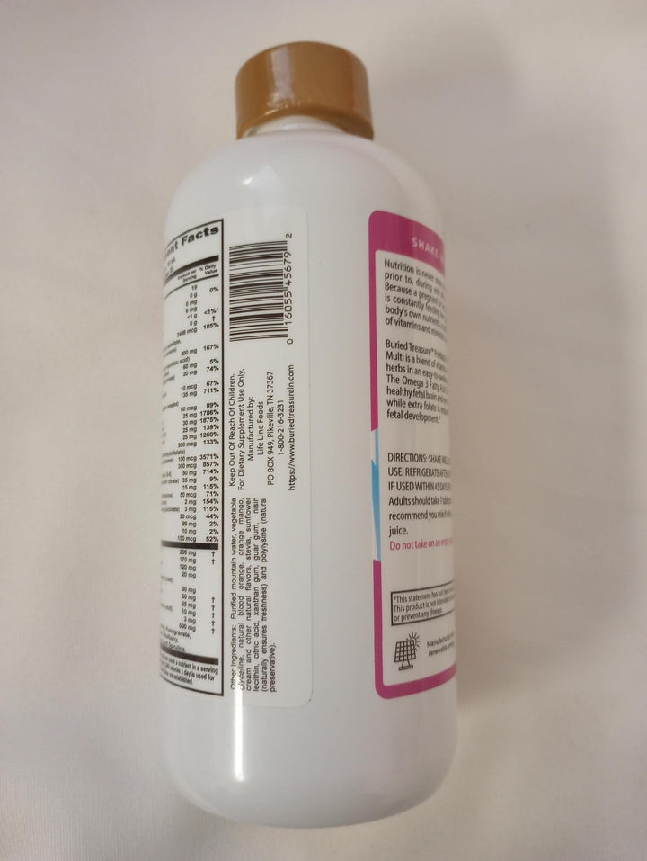 Buried Treasure Prenatal Plus DHA ingredients panel showing folic acid and iron