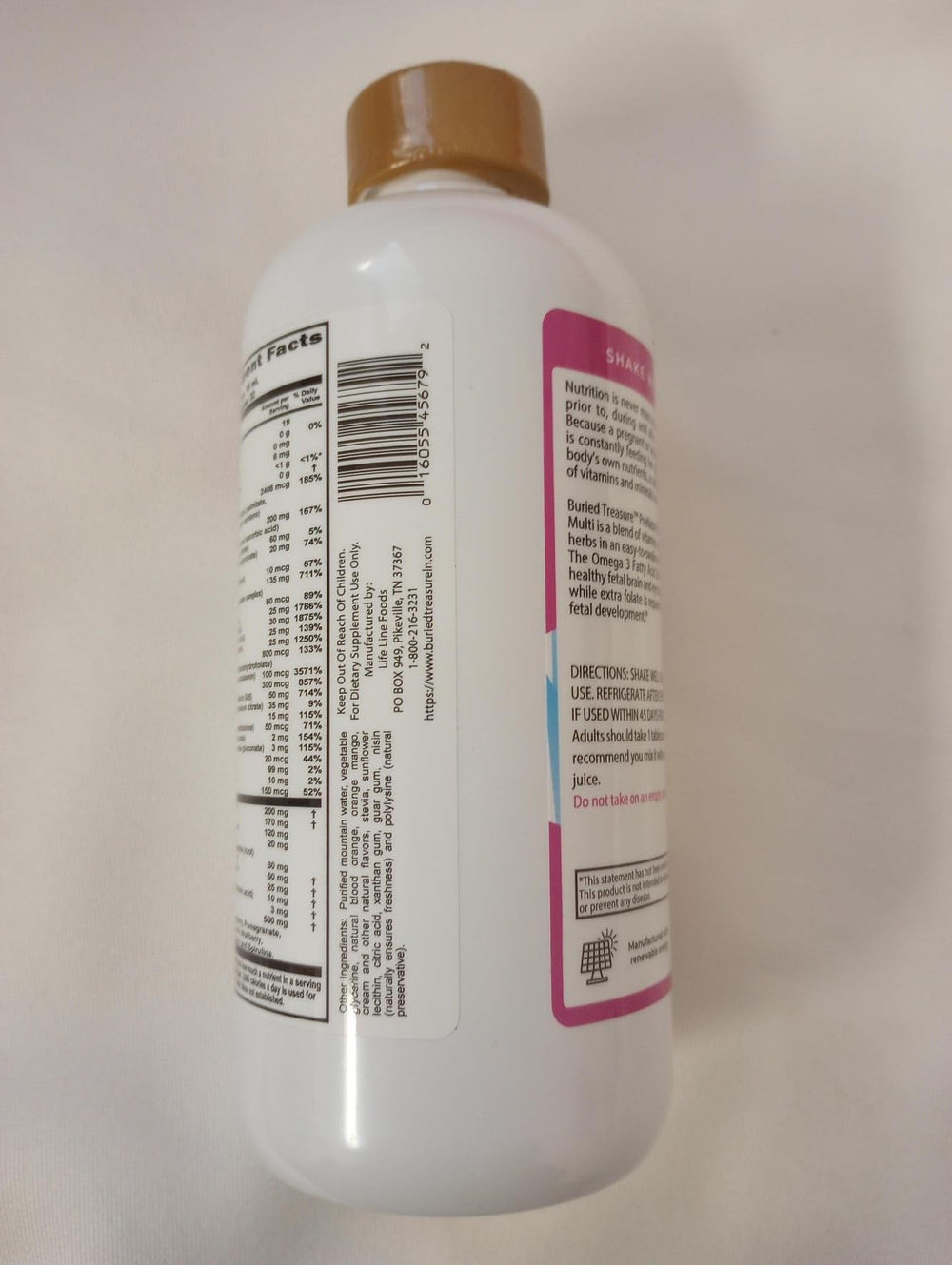Buried Treasure Prenatal Plus DHA ingredients panel showing folic acid and iron