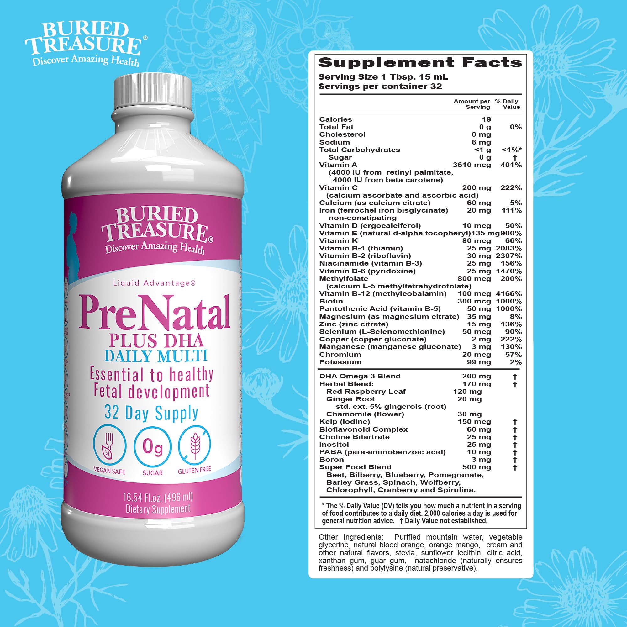 Buried Treasure Prenatal Plus DHA liquid dispensing for easy swallowing