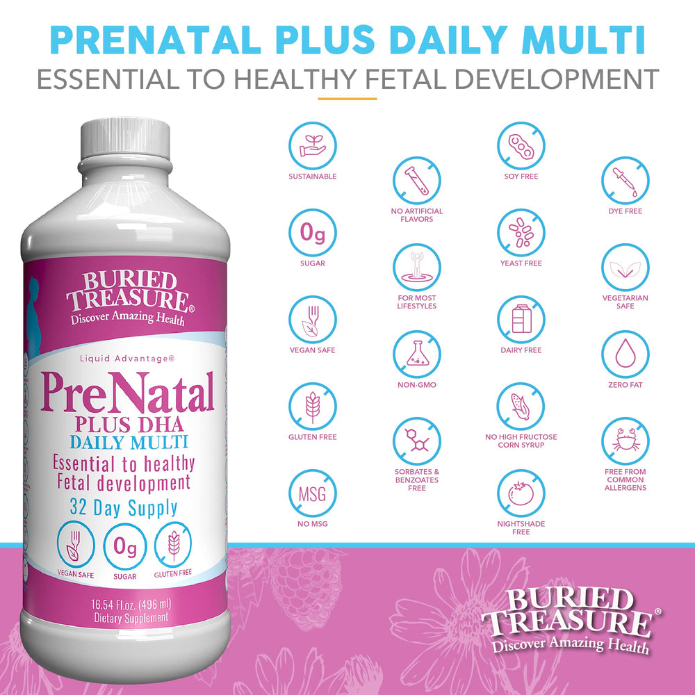 Buried Treasure Prenatal Plus DHA packaging notes non GMO and allergy friendly