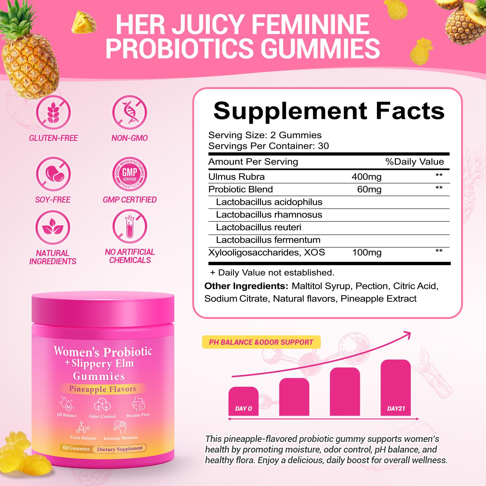 BURMINY Her Juicy Gummies bottle closeup highlighting slippery elm for gentle daily comfort.