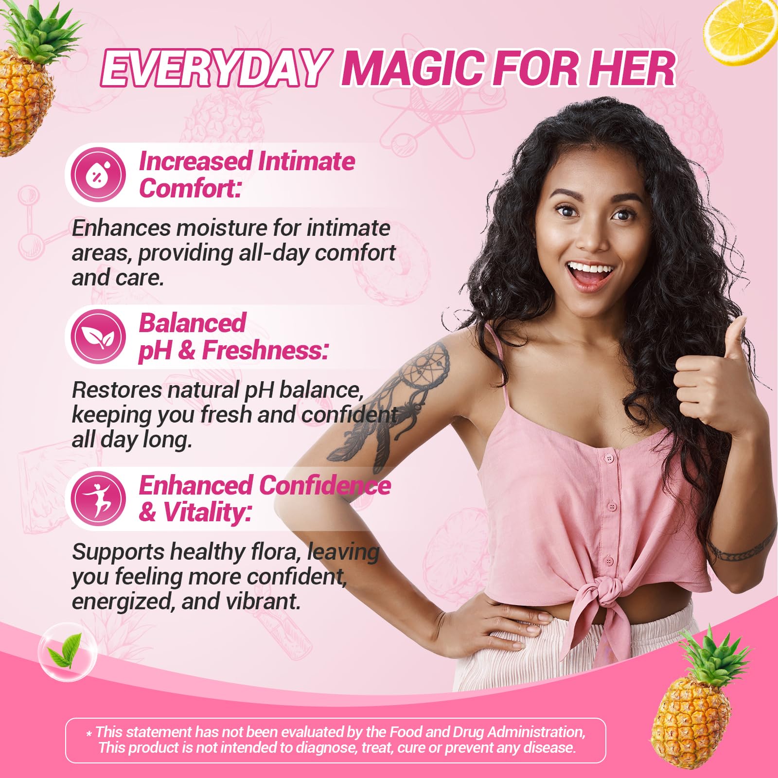 BURMINY Her Juicy Gummies foil pack on shelf suggests an easy routine for pH balance.