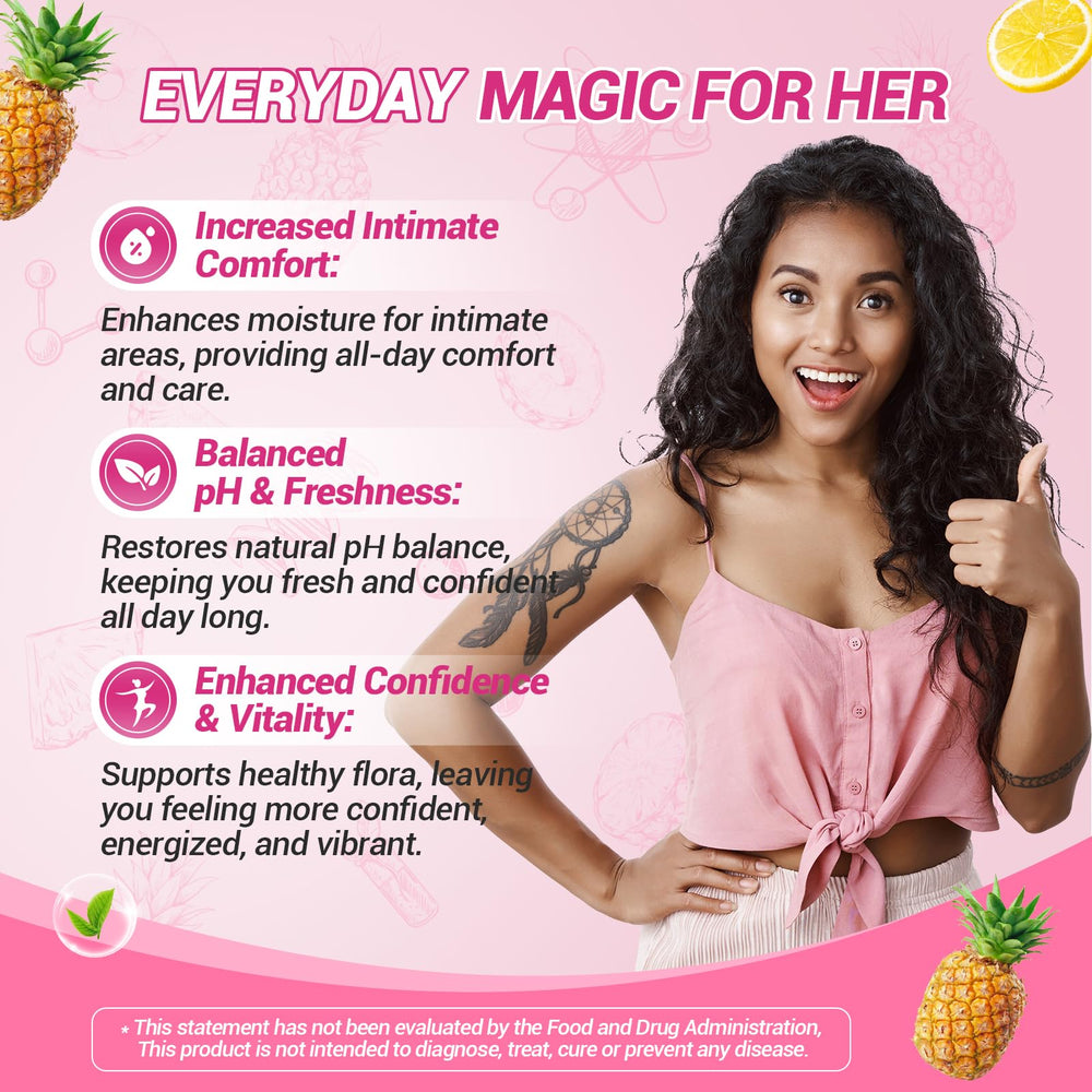 BURMINY Her Juicy Gummies foil pack on shelf suggests an easy routine for pH balance.