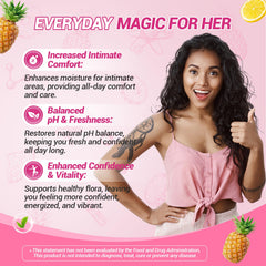 BURMINY Her Juicy Gummies foil pack on shelf suggests an easy routine for pH balance.