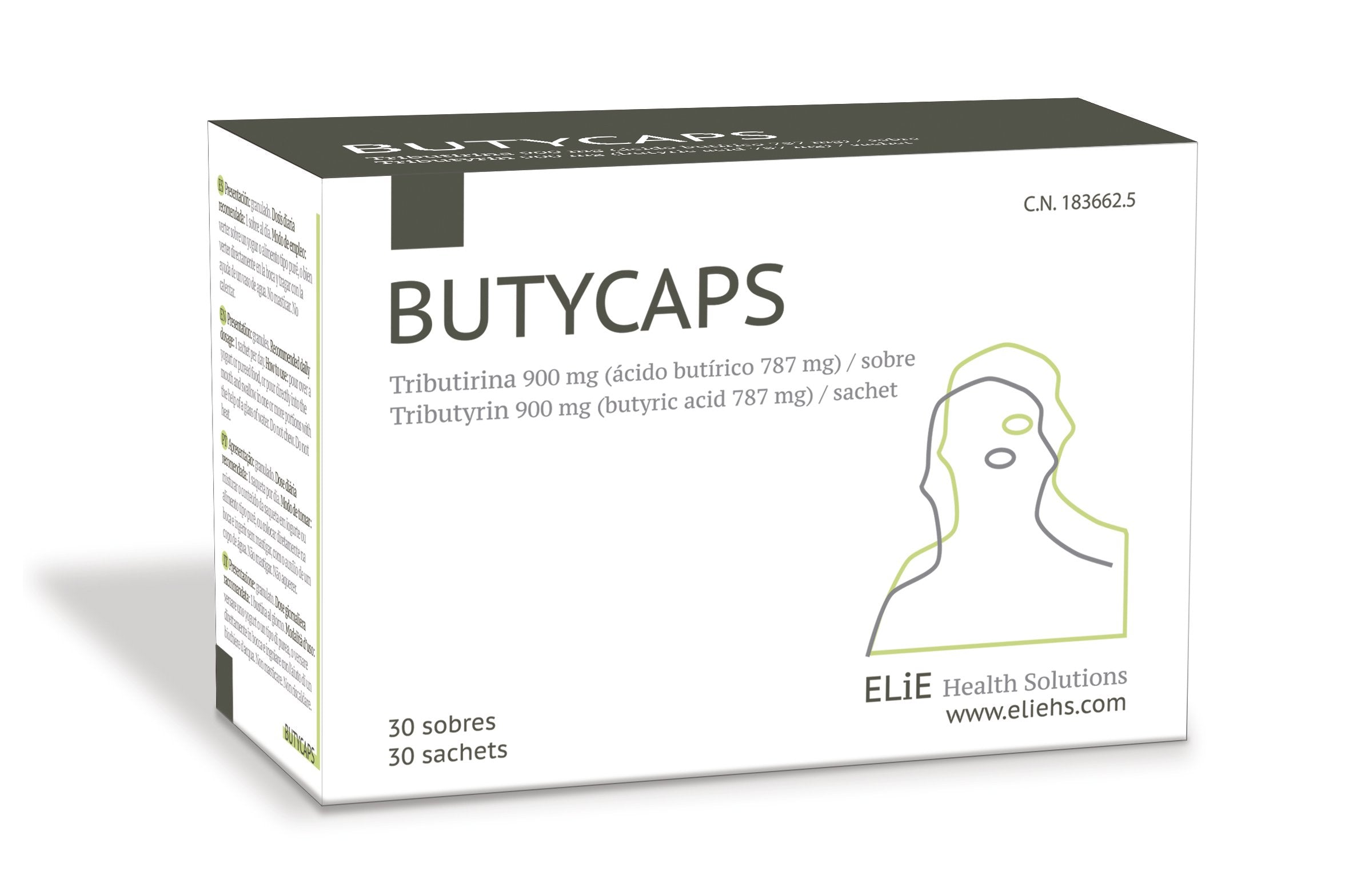 Butycaps Tributyrin sachet packaging for convenient daily gut support.