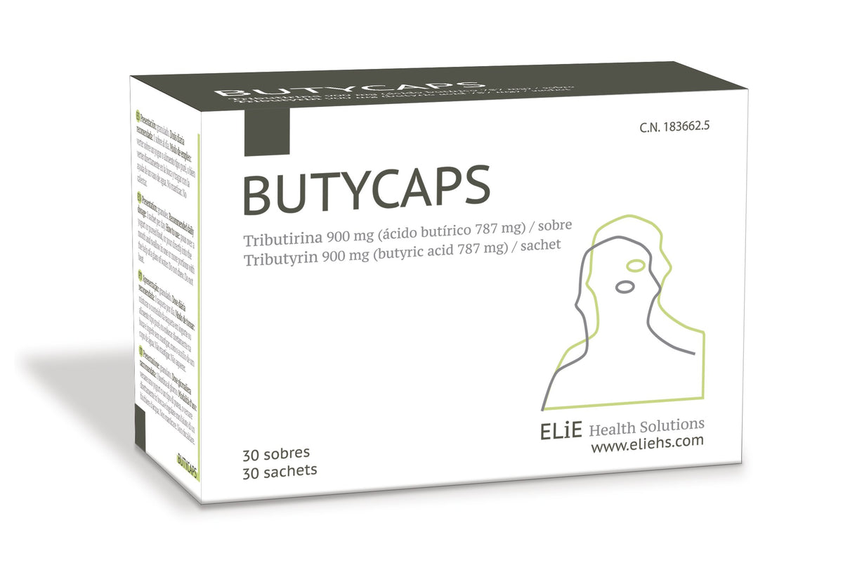 Butycaps Tributyrin sachet packaging for convenient daily gut support.