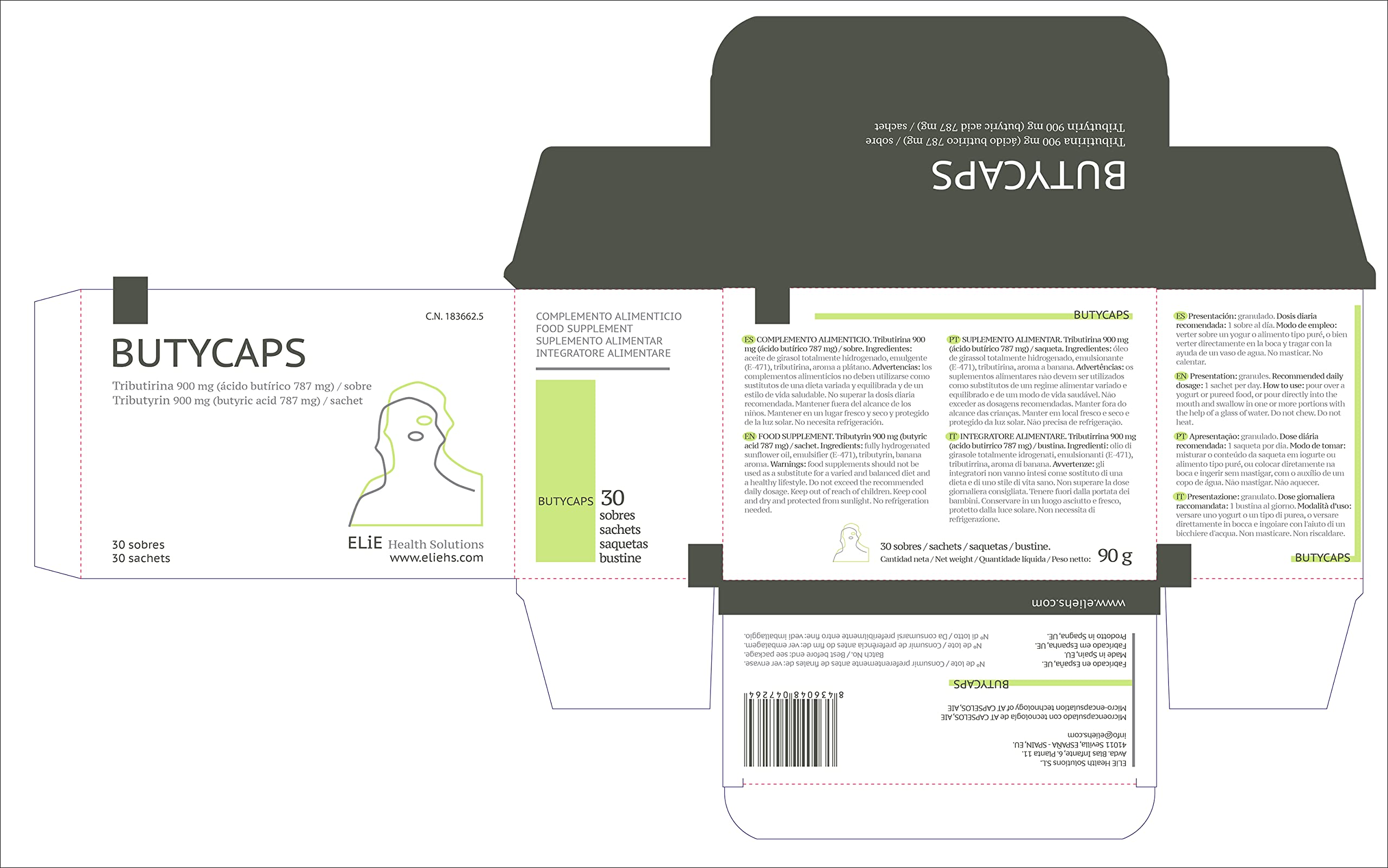 Butycaps Tributyrin sachet can be swallowed with water for quick, discreet use.