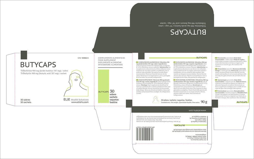 Butycaps Tributyrin sachet can be swallowed with water for quick, discreet use.