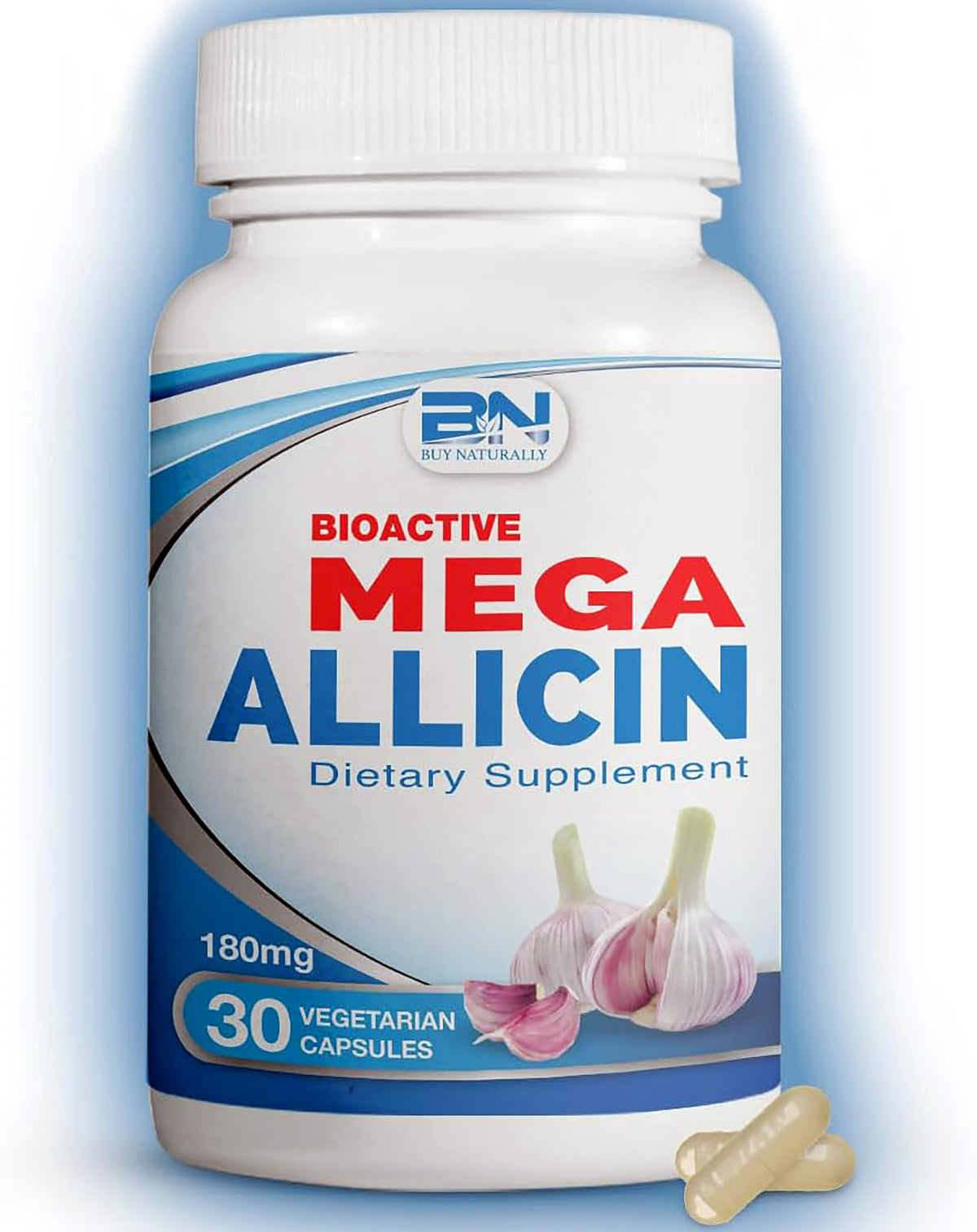 BuyNaturally Mega Allicin bottle front highlighting high-potency garlic extract for daily wellness.