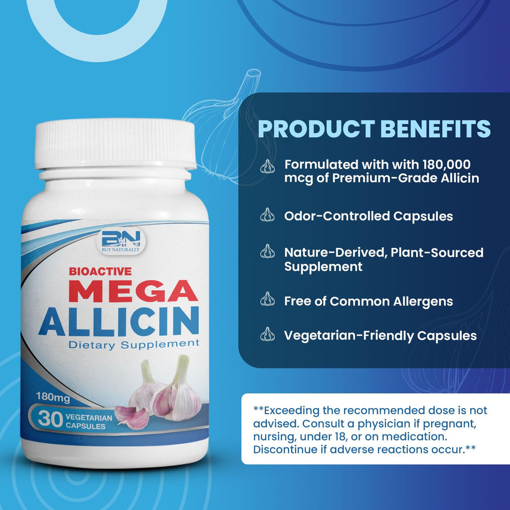 BuyNaturally Mega Allicin capsules close-up showing odor-controlled, vegan capsules.