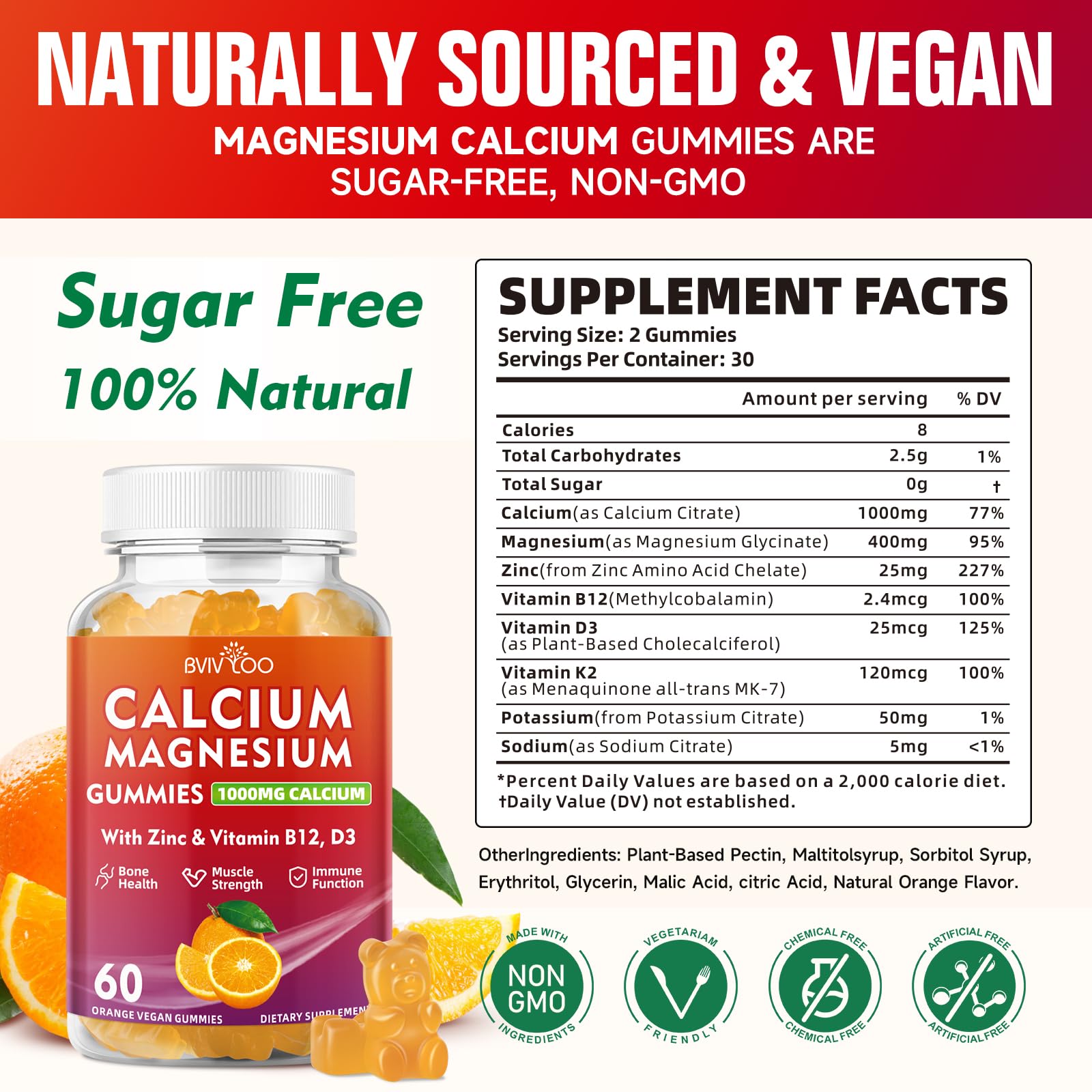 BVIVLOO Calcium Gummies 1000mg highlights D3 for calcium absorption.